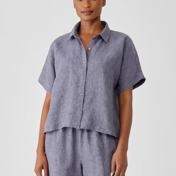 NWT Eileen Fisher | Striped Organic Linen Crinkle Short-Sleeve Shirt - Picture 9 of 11